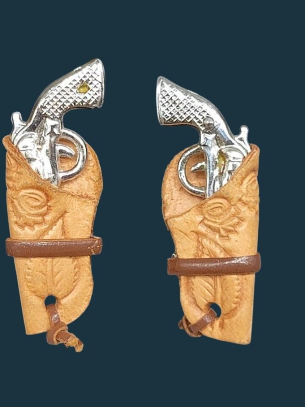 VTG Six-Shooter Pistol Clip On Earring Leather Hand Stitched Holster Pat Pend